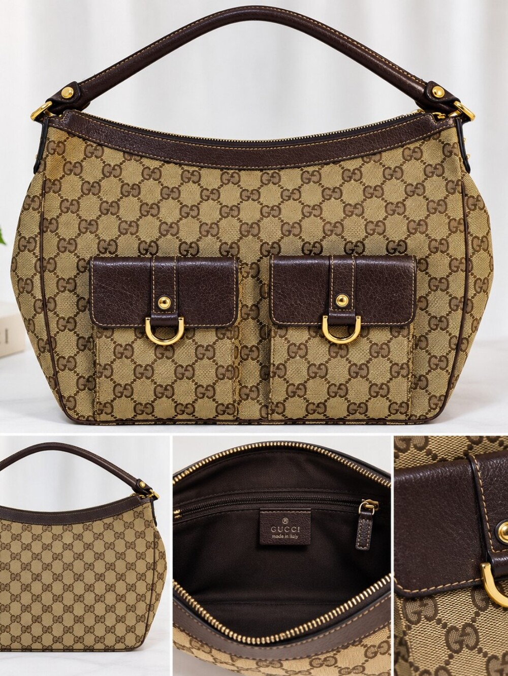 Gucci GG Monogram Canvas Double Pocket Hobo Bag Brown Leather Italy